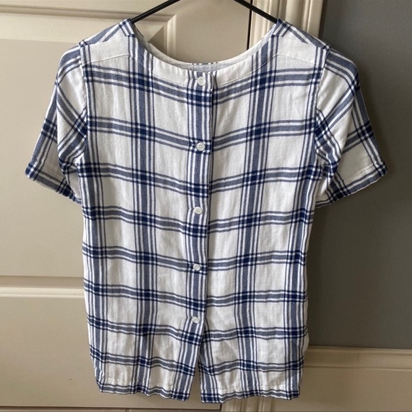 Madewell Industry Button Back Top Blue White Plaid High Low, Size XXS - Picture 3 of 6